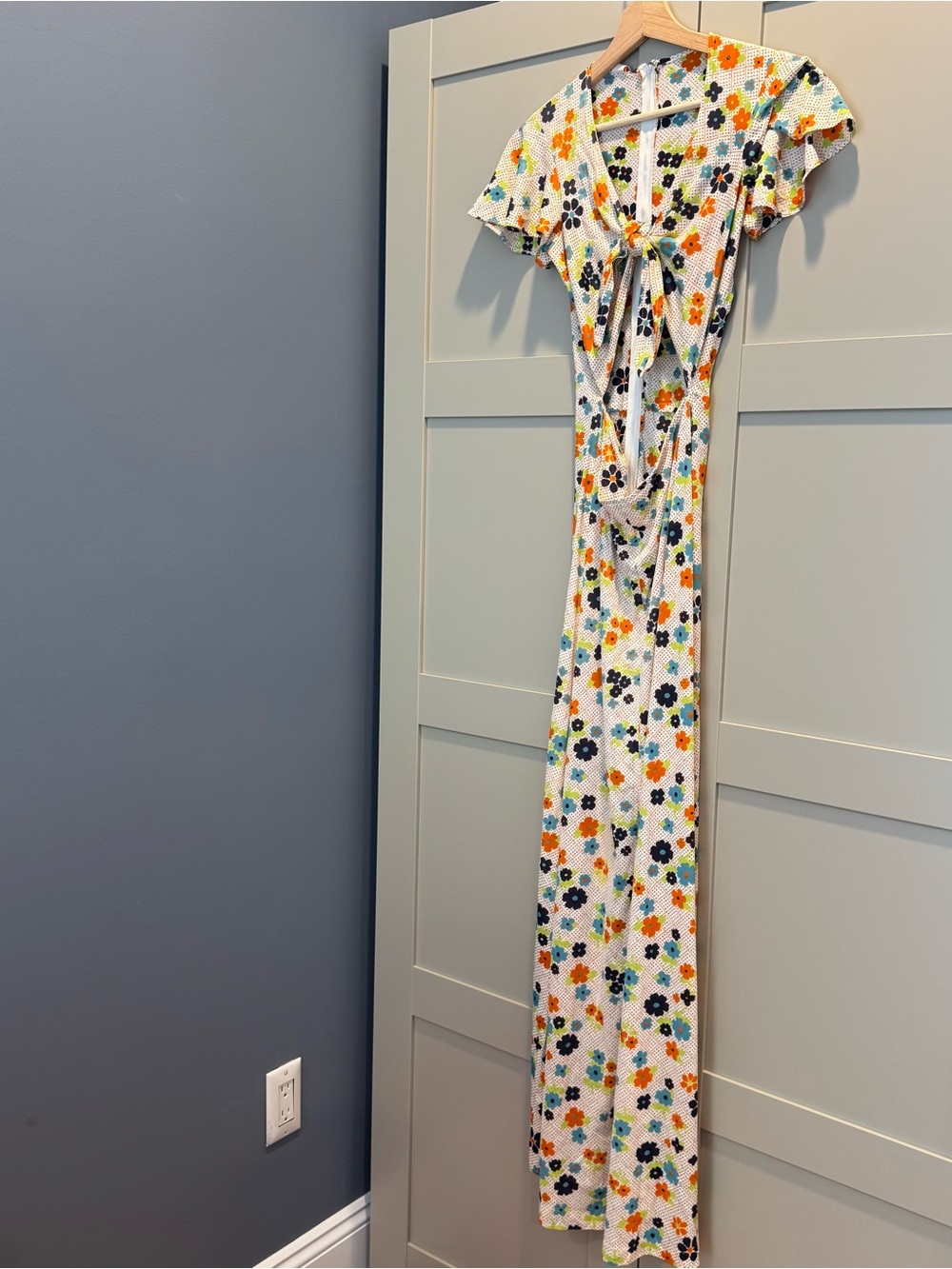 Floral Tie-Front Maxi Dress - White with Orange & Blue Flowers Handmade